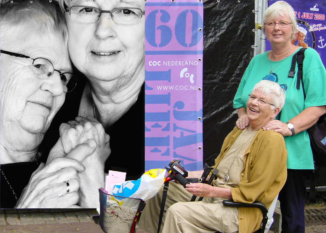 Tity Bentum en Joke Koppenol bij hun portret, gemaakt door Erwin Olaf, op Roze Zaterdag in Zwolle, 2006.